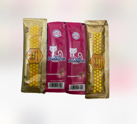 2 sachets of PINK PUSSYCAT PASSIONFRUIT  and 2 sachets of VIP ROYAL HONEY